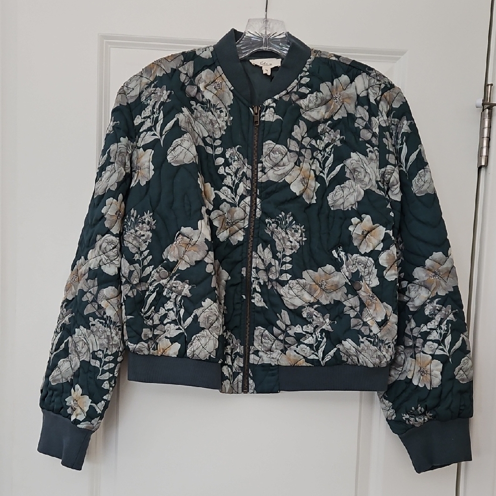 Elan Dark Green Quilted Floral Bomber Jacket